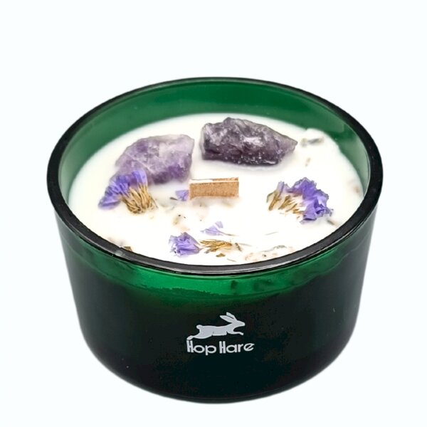 Hop Hare Kristalna sveča – Skrivnost Lune - Soy Wax, Fragrance, Glass, Gemstones - Majhna pozornost
