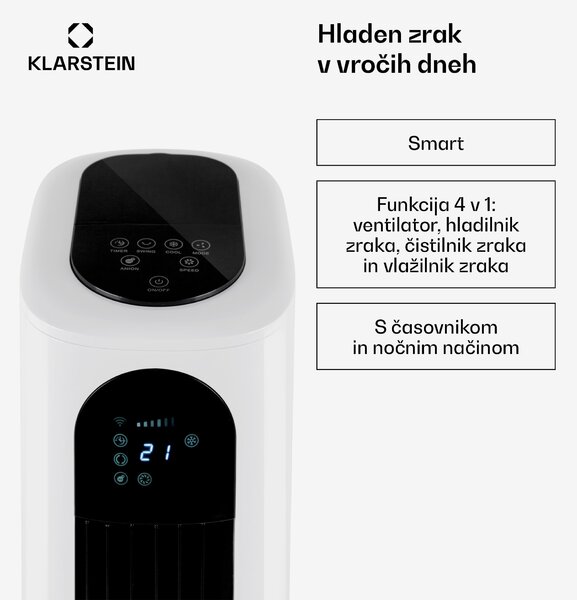 Klarstein Polar Tower Smart, ventilator, hladilnik zraka, 7 L, 85 W, daljinski upravljalnik, 5 x hladilni boks