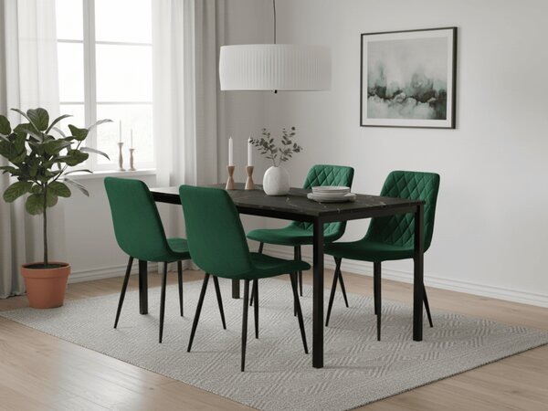 Jedilni set 1 + 4, črna miza RAMOD 100x60 cm v marmorni izvedbi + zeleni stol TURIN s črnimi nogami