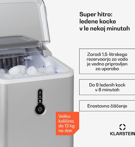 Klarstein Chillout, aparat za izdelavo ledu, oble kocke ledu, 12 kg/24 h, posoda za vodo: 1,5 l, srebrn