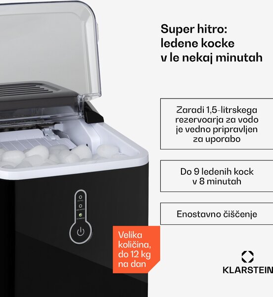 Klarstein Chillout, aparat za izdelavo ledu, oble kocke ledu, 12 kg/24 h, posoda za vodo: 1,5 l, črn