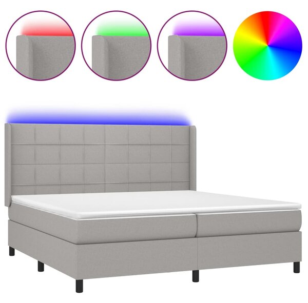 VidaXL Box spring postelja z vzmetnico LED sv. siva 200x200 cm blago