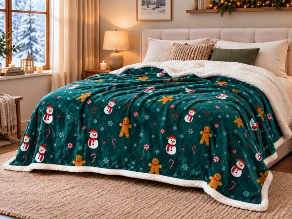 Božična temno zelena ovčka deka iz mikropliša SNOWMAN AND GINGERBREAD Dimenzije: 200 x 220 cm