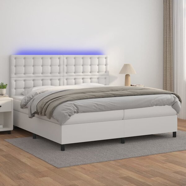 VidaXL Box spring postelja z vzmetnico LED bela 200x200cm umetno usnje