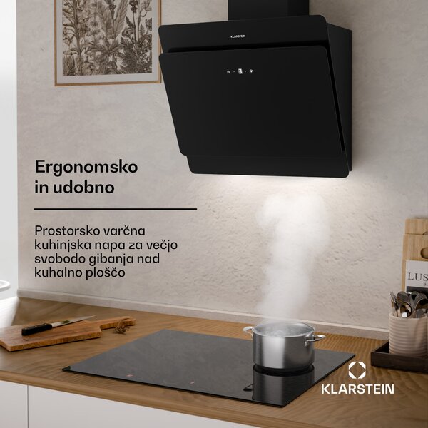 Klarstein Aurica 60, kuhinjska napa, 165W, 3 stopnje, 620 m³/h, LED, steklo, črne barve