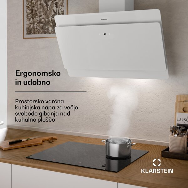 Klarstein Aurica 90, kuhinjska napa, 90 cm, 610 m³/h, LED, na dotik, steklo, bel barva