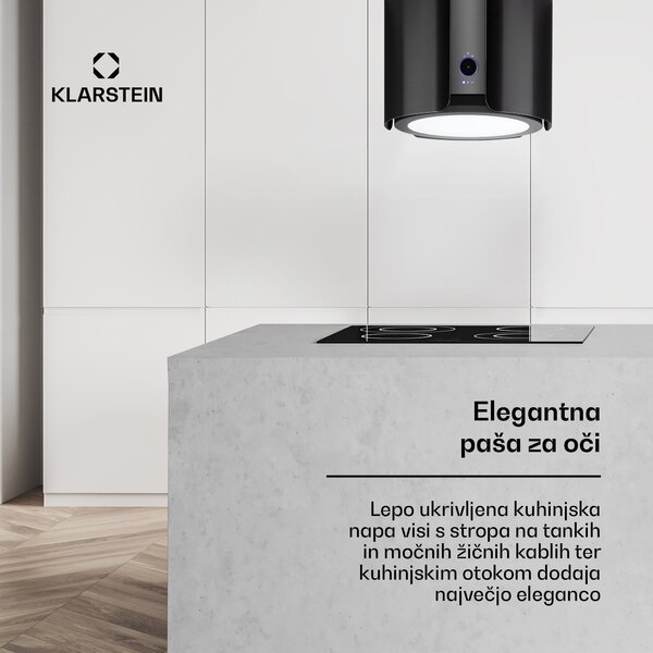 Klarstein Skyfall, otočna kuhinjska napa, Ø 45 cm, recirkulacija, 402 m³ / h, LED, nerjaveče jeklo, črna