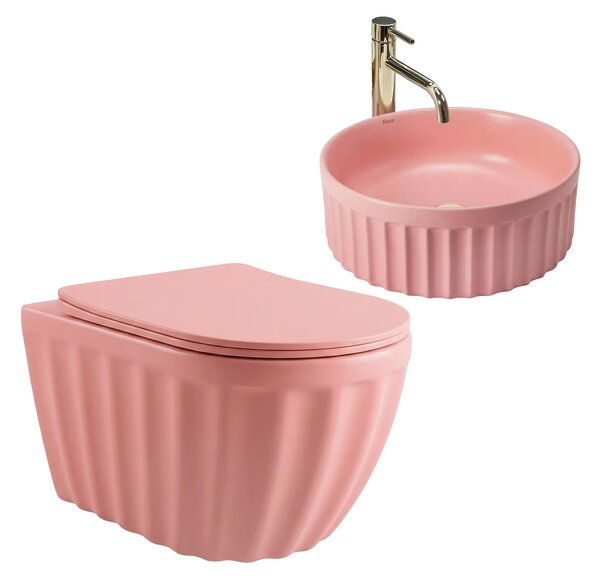 Set: Viseča WC školjka + Nadpultni umivalnik Rea Duo Sweet Pink Matt