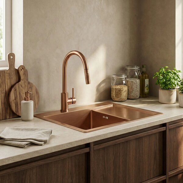 Jekleno pomivalno korito Fin BRUSH COPPER