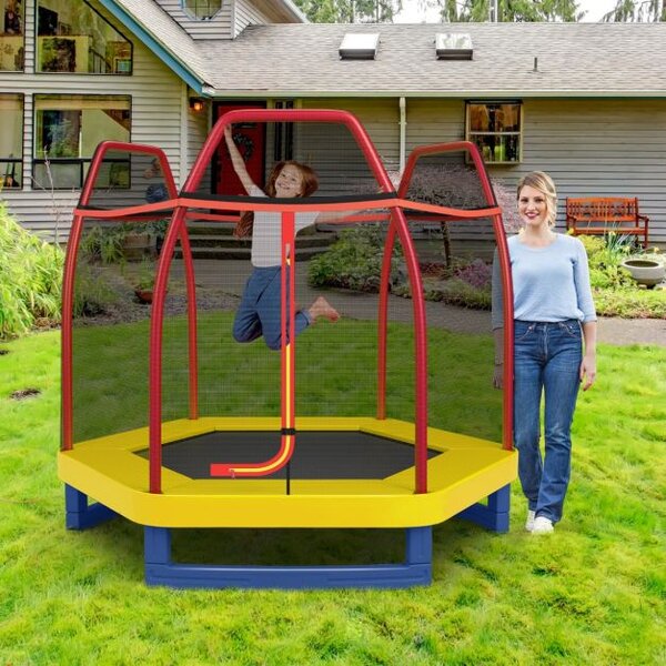 Trampolin Ø223 cm z varnostno mrežo, nosilnost do 150 kg, rumeno - rdeč