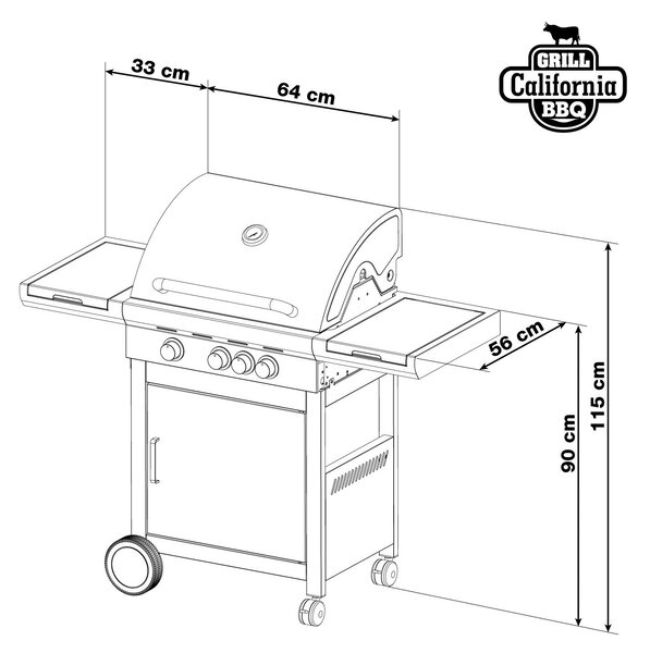 Plinski žar CALIFORNIA BBQ, 4 gorilniki, z redukcijskim ventilom, srebrna Penta CZ