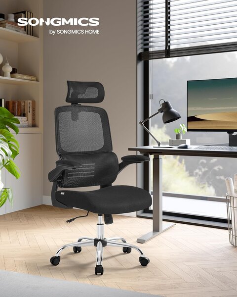 Ergonomski pisarniški stol z ledveno oporo in naslonom za glavo, črna | SONGMICS