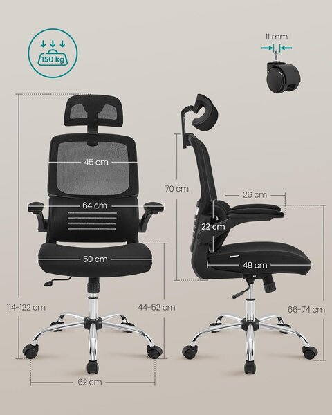 Ergonomski pisarniški stol z ledveno oporo in naslonom za glavo, črna | SONGMICS