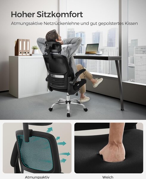 Ergonomski pisarniški stol z ledveno oporo in naslonom za glavo, črna | SONGMICS