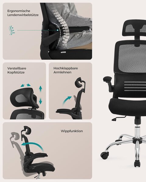 Ergonomski pisarniški stol z ledveno oporo in naslonom za glavo, črna | SONGMICS