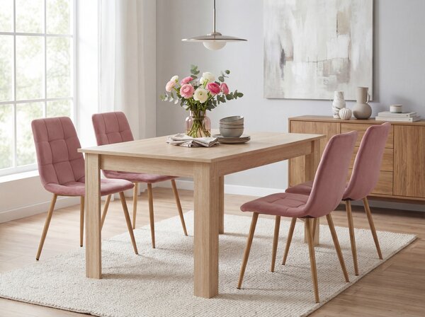 Jedilni set 1 + 4, miza UMEKO 120x80 cm hrast sonoma + rožnati žametni stol KARA