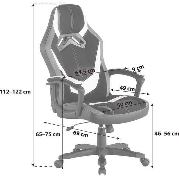 GAMING STOL kovina, umetna masa, tekstil siva, črna, bela