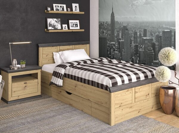 POSTELJA 200 cm x 120 cm , leseni material barve hrasta, temno siva
