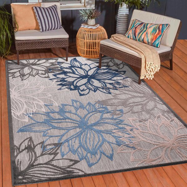 PREPROGA ZA ZUNANJO UPORABO Floral 140/200 cm tkano modra, siva, bela