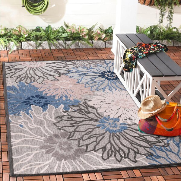 PREPROGA ZA ZUNANJO UPORABO Floral 120/170 cm tkano modra, siva