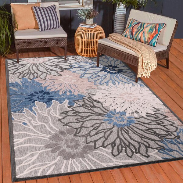 PREPROGA ZA ZUNANJO UPORABO Floral 120/170 cm tkano modra, siva