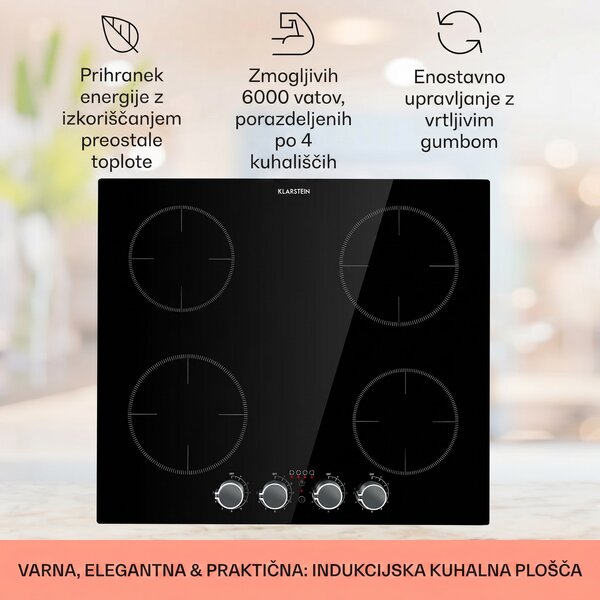 Klarstein Kochheld, 4-conska indukcijska kuhalna plošča, 6000 W, vrtljivi regulatorji, steklo, črna