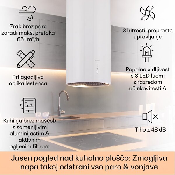 Klarstein Bolea, otočna kuhinjska napa, Ø38cm, način recirkulacije/odsesavanja zraka, 651m³/h, LED, vključno s filtri z aktivnim ogljem