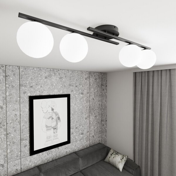 EMIBIG LIGHTING Stropna svetilka Kairo, črna/opal, dolžina 87 cm, 4-delna., zatemnjen, Črna, Dnevna soba / jedilnica, Kovina, Sodobni