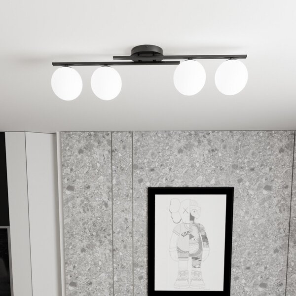EMIBIG LIGHTING Stropna svetilka Kairo, črna/opal, dolžina 87 cm, 4-delna., zatemnjen, Črna, Dnevna soba / jedilnica, Kovina, Sodobni
