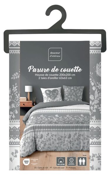 Belo-siva bombažna posteljnina za zakonsko posteljo 200x200 cm Annie – douceur d'intérieur