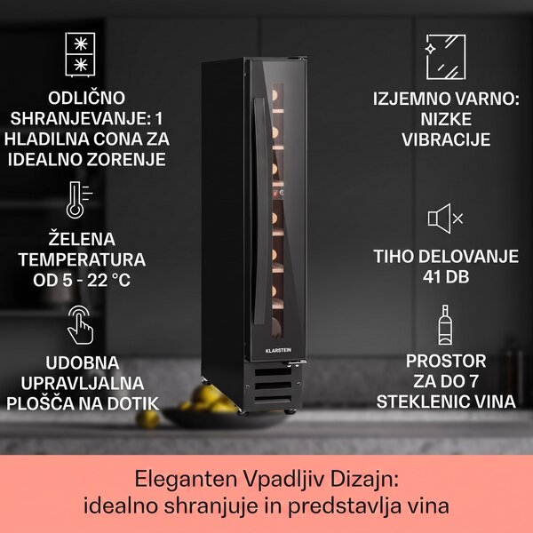 Klarstein Vinovilla 7, built-in, Uno Onyx, vgraden hladilnik za vino, črno steklo, nerjaveče jeklo