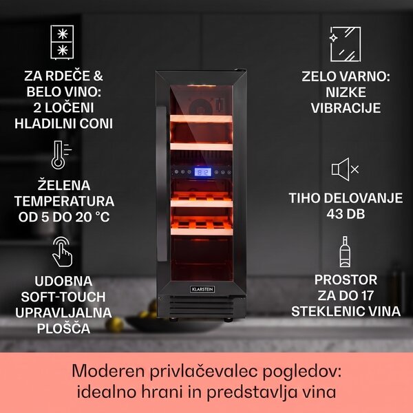 Klarstein Vinovilla 17 Built-in Duo Onyx Edition, dvoconska vinska omara, 53 l, 17 steklenic, 3-barvna steklena vrata