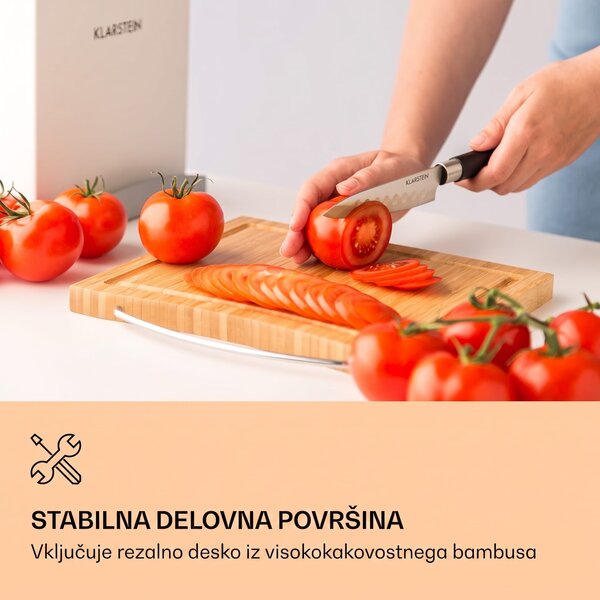 Klarstein Kitano Plus, set nožev, 9-delni set, leseno stojalo, deska za rezanje iz bambusa, bela