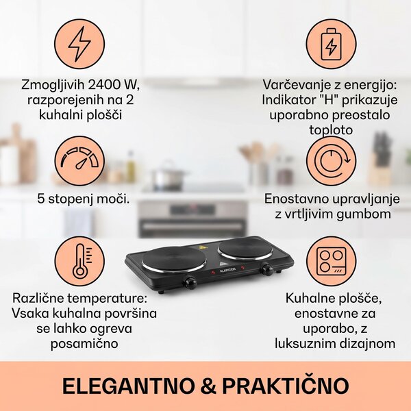 Klarstein Cookbuddy, dvojna kuhalna plošča, 2400 W, 5 stopenj moči, steklokeramika