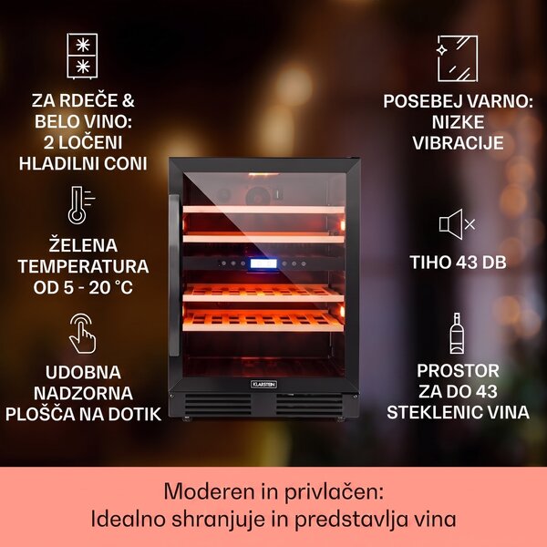 Klarstein Vinovilla Onyx 43, hladilnik za vino z dvema hladilnima conama, 129 l, 43 steklenic, 3 barve