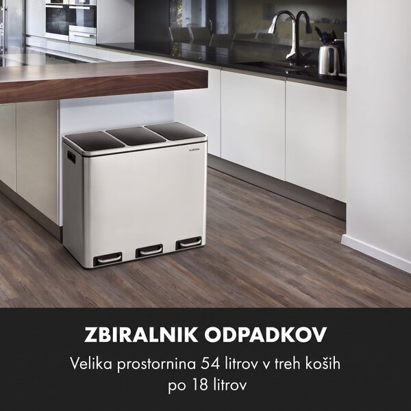 Klarstein Grandmaster Trash, pedalni koš za smeti, 54 l/3 x 18 l, tihi, PP, inoks nerjavno jeklo