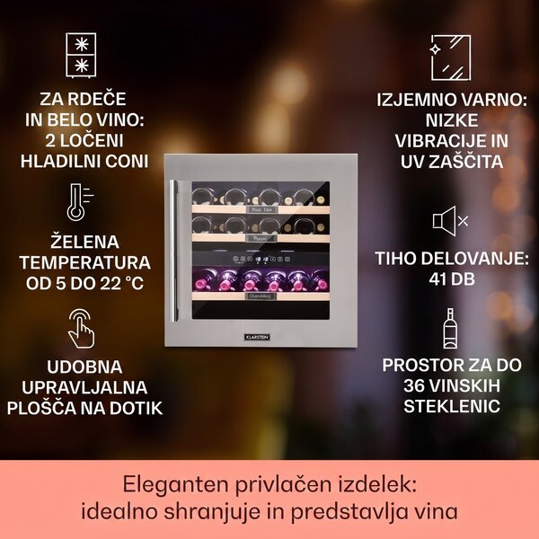 Klarstein Vinsider 36, hladilnik za vino, 2 hladilni coni, 5-22 °C, 94 l, nerjaveče jeklo