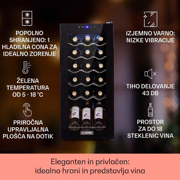 Klarstein Shiraz 18 Uno, hladilnik za vino, 50 l, 18 steklenic, nadzorna plošča na dotik, 5-18 °C