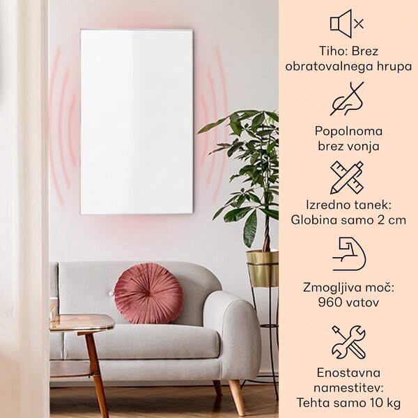 Klarstein Wonderwall Air 96, infrardeči grelec, 120 x 81 cm, 960 W, stenska montaža, daljinski upravljavec, bel