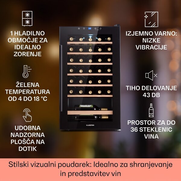 Klarstein Barossa 32 Uno, vinoteka, 1 cona, 95 litrov/36 steklenic, zaslon na dotik