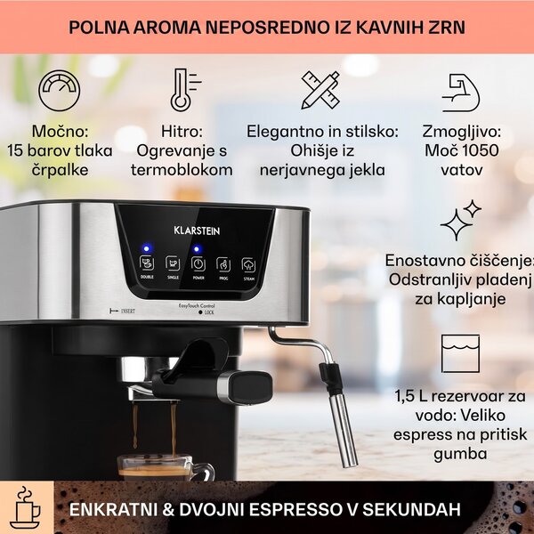 Klarstein Arabica, aparat za kavo espresso, 1050 W, 15 barov, 1,5 l, nadzorna plošča na dotik, nerjaveče jeklo