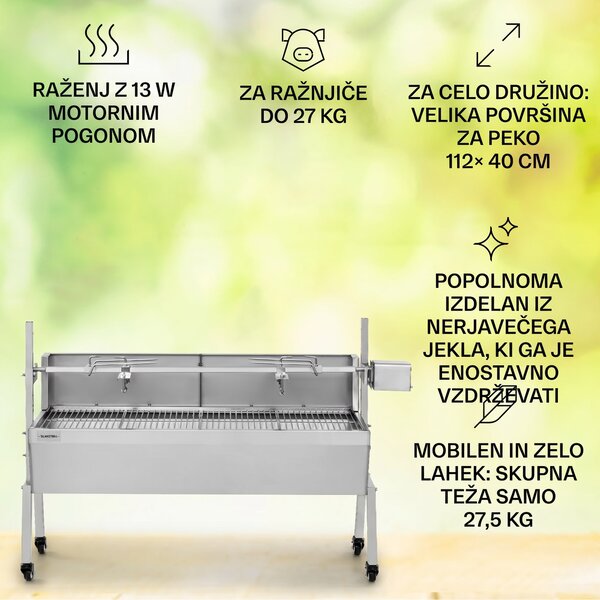 Klarstein Sauenland Pro žar za prašičke z vrtljivim nabodalom 13W, 4 kolesa, nerjaveče jeklo