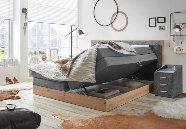 BOXSPRING POSTELJA 180 cm x 200 cm , tekstil, leseni material siva, naravne barve
