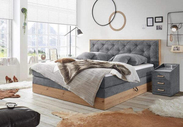 BOXSPRING POSTELJA 180 cm x 200 cm , tekstil, leseni material siva, naravne barve