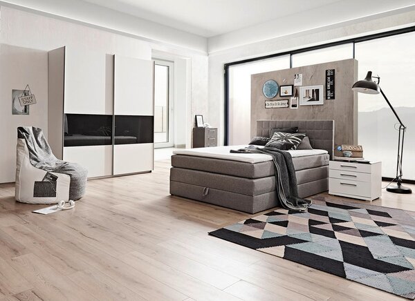 BOXSPRING POSTELJA 140 cm x 200 cm , tekstil, leseni material siva
