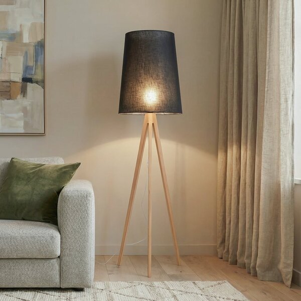 TK Lighting Stojna svetilka Walz, črna, les, višina 175 cm, E27, Les, Dnevna soba / jedilnica, Les, Sodobni, Tripod