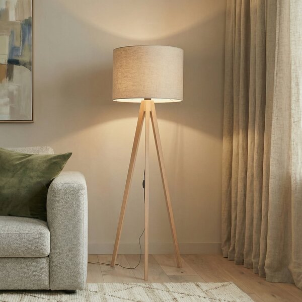 TK Lighting Stojna svetilka Grand, bež/bor, višina 145 cm, E27, Les, Dnevna soba / jedilnica, Les, Sodobni, Tripod