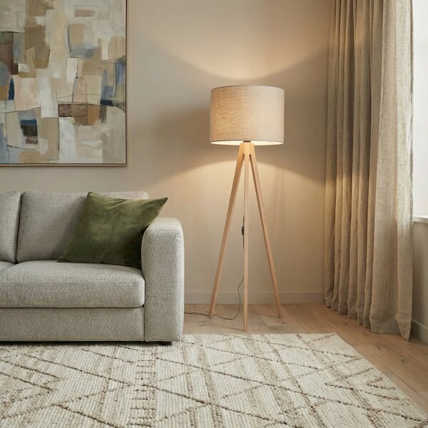 TK Lighting Stojna svetilka Grand, bež/bor, višina 145 cm, E27, Les, Dnevna soba / jedilnica, Les, Sodobni, Tripod