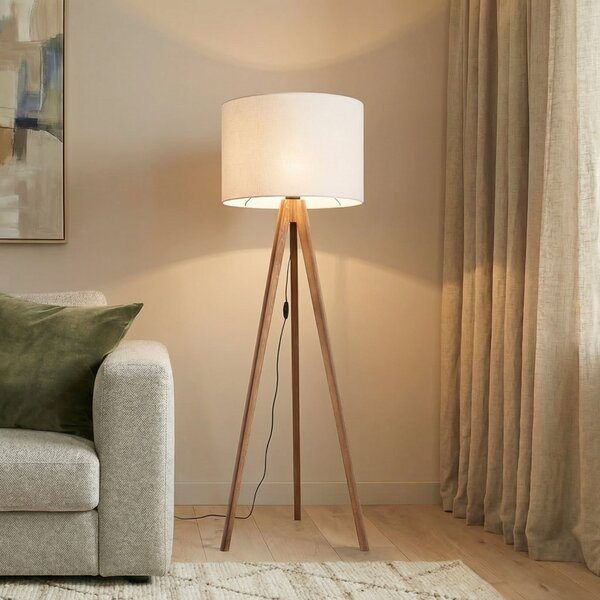 TK Lighting Stojna svetilka Grand, krem/oreh, višina 145 cm, E27, Les, Dnevna soba / jedilnica, Les, Sodobni, Tripod