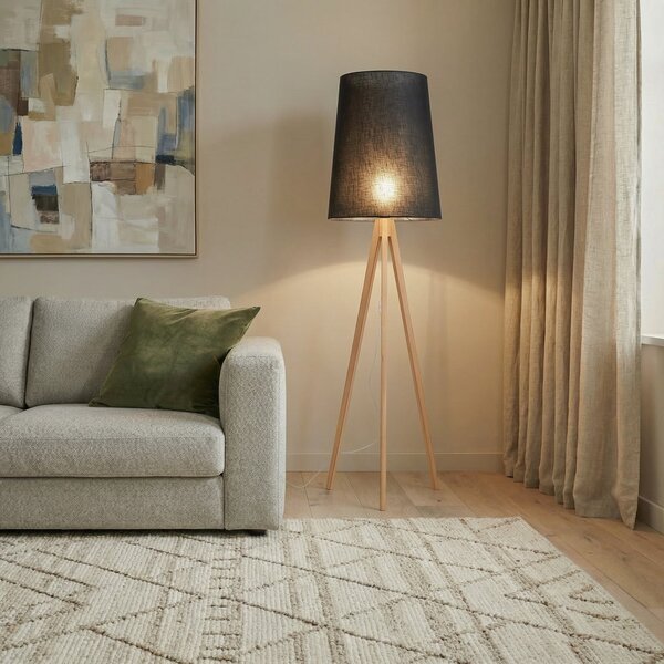 TK Lighting Stojna svetilka Walz, črna, les, višina 175 cm, E27, Les, Dnevna soba / jedilnica, Les, Sodobni, Tripod